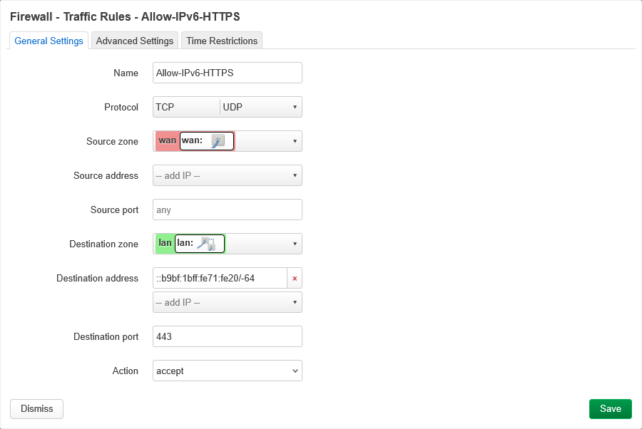OpenWrt -> Network -> Firewall - Traffic Rules - Allow-IPv6-HTTPS - General Settings